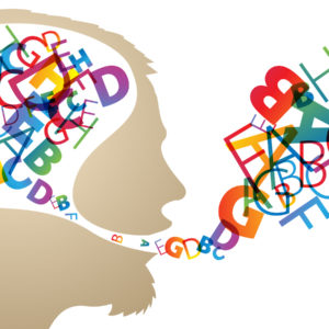Abstract speaker silhouette with colorful letters in the head and mouth